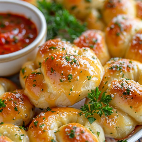 Golden brown garlic knots, sprinkled with parmesan and parsley, served with a side of marinara sauce.