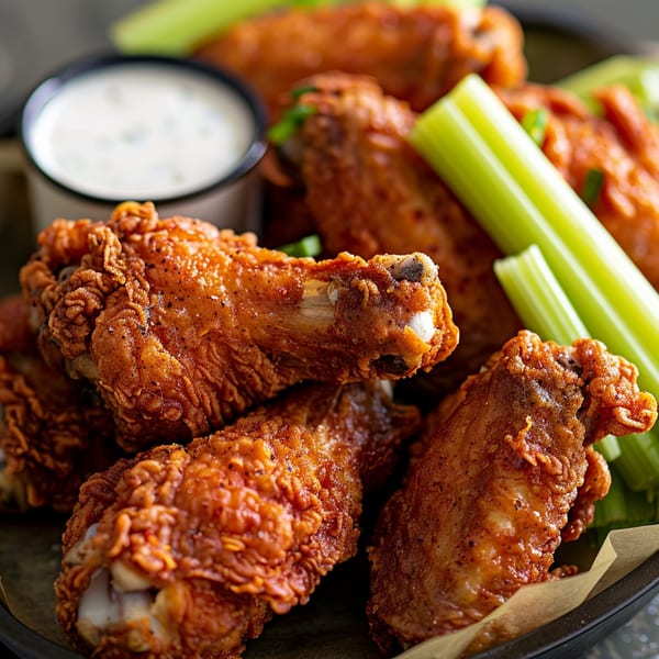 Crispy fried chicken wings with celery sticks and a side of ranch dressing in a black bowl.
