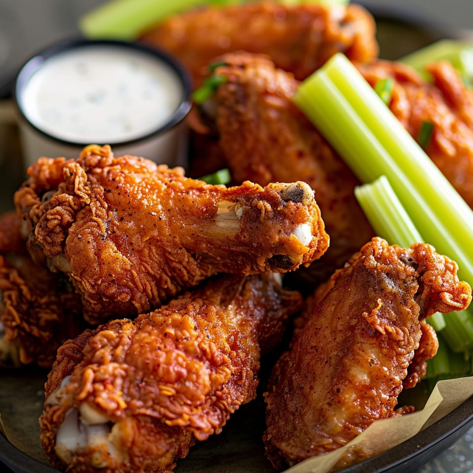 Crispy fried chicken wings with celery sticks and a side of ranch dressing in a black bowl.