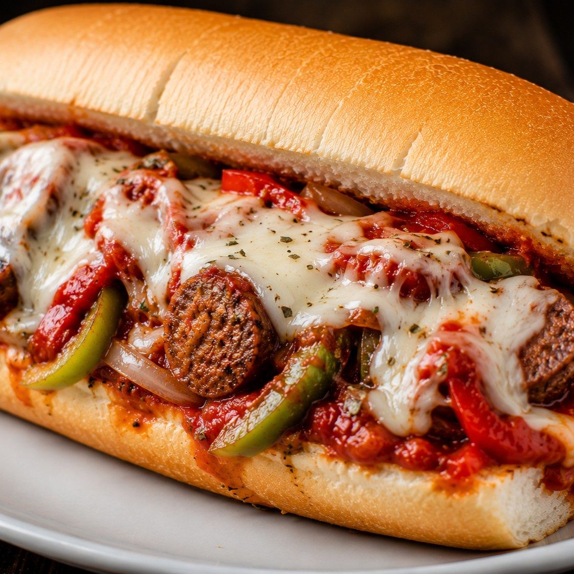 Vegan Sausage Parm Hero Sandwich.