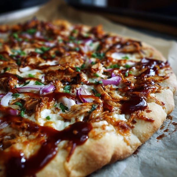 Close-up of a BBQ chicken pizza with red onions, chives, and a drizzle of sauce.