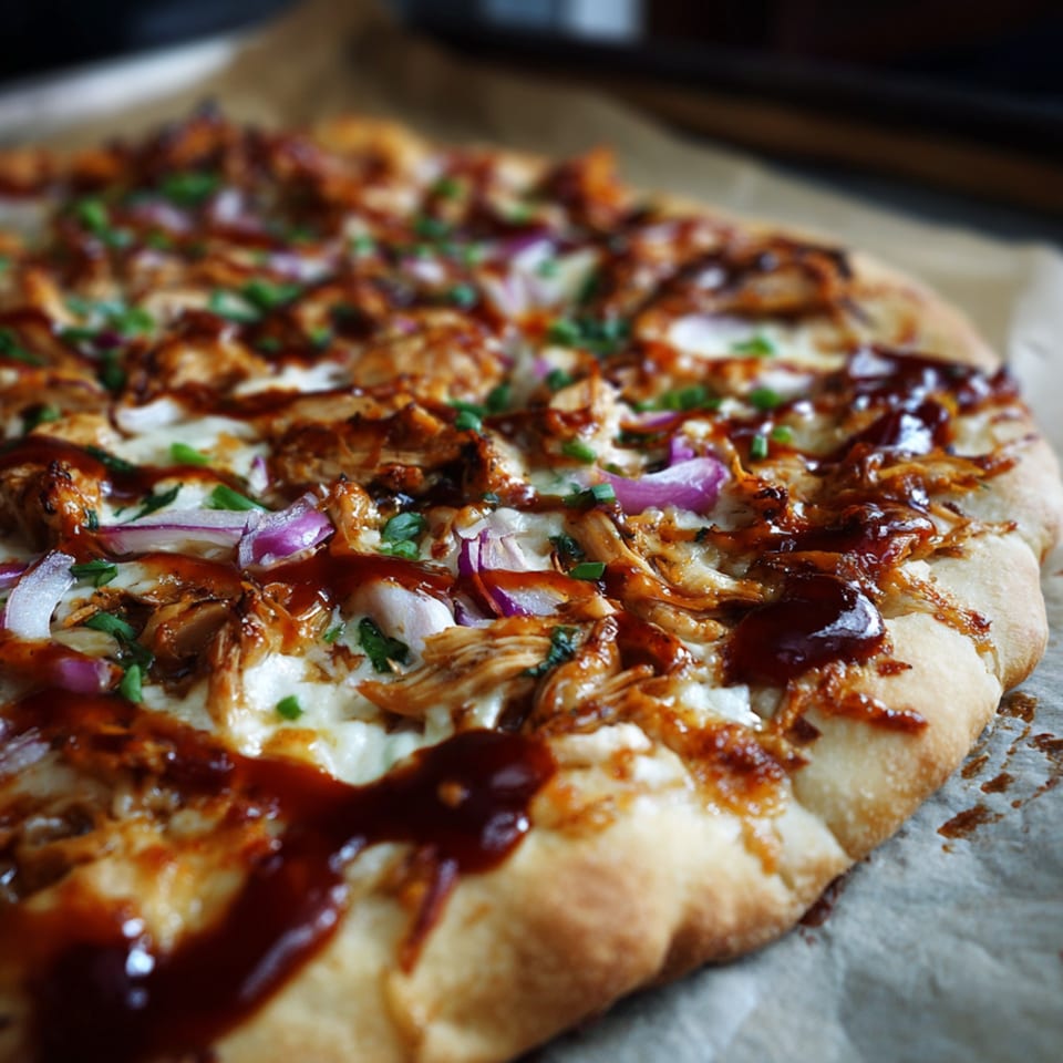 Close-up of a BBQ chicken pizza with red onions, chives, and a drizzle of sauce.