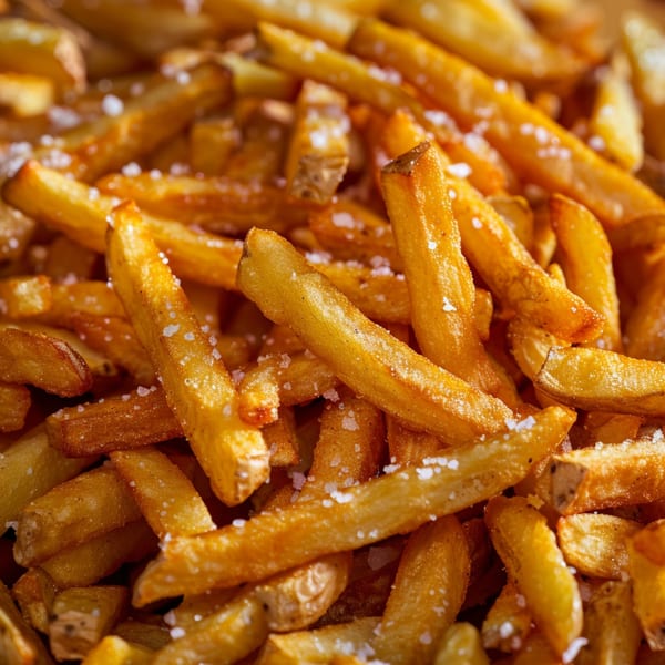 Close-up of golden-brown french fries, generously sprinkled with coarse salt.