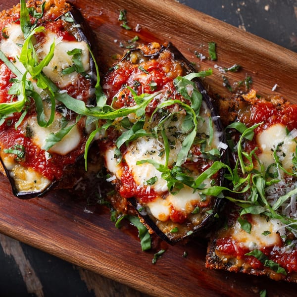 Three slices of eggplant parmesan with melted cheese, tomato sauce, and fresh basil on a wooden board.