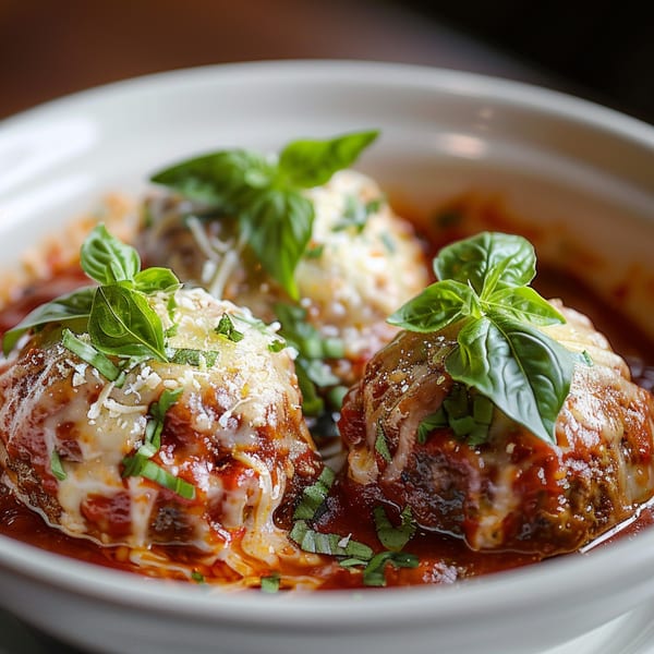 Three large meatballs covered in melted cheese, tomato sauce, and fresh basil in a white bowl.