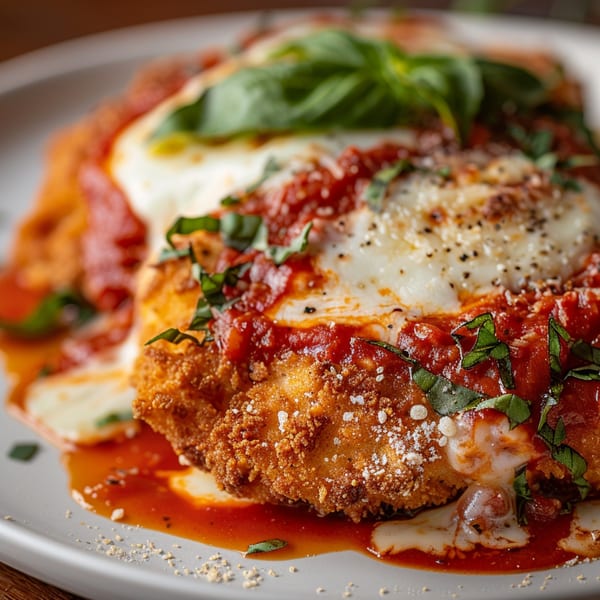 Crispy chicken parmesan topped with melted mozzarella, rich tomato sauce, and fresh basil on a plate.