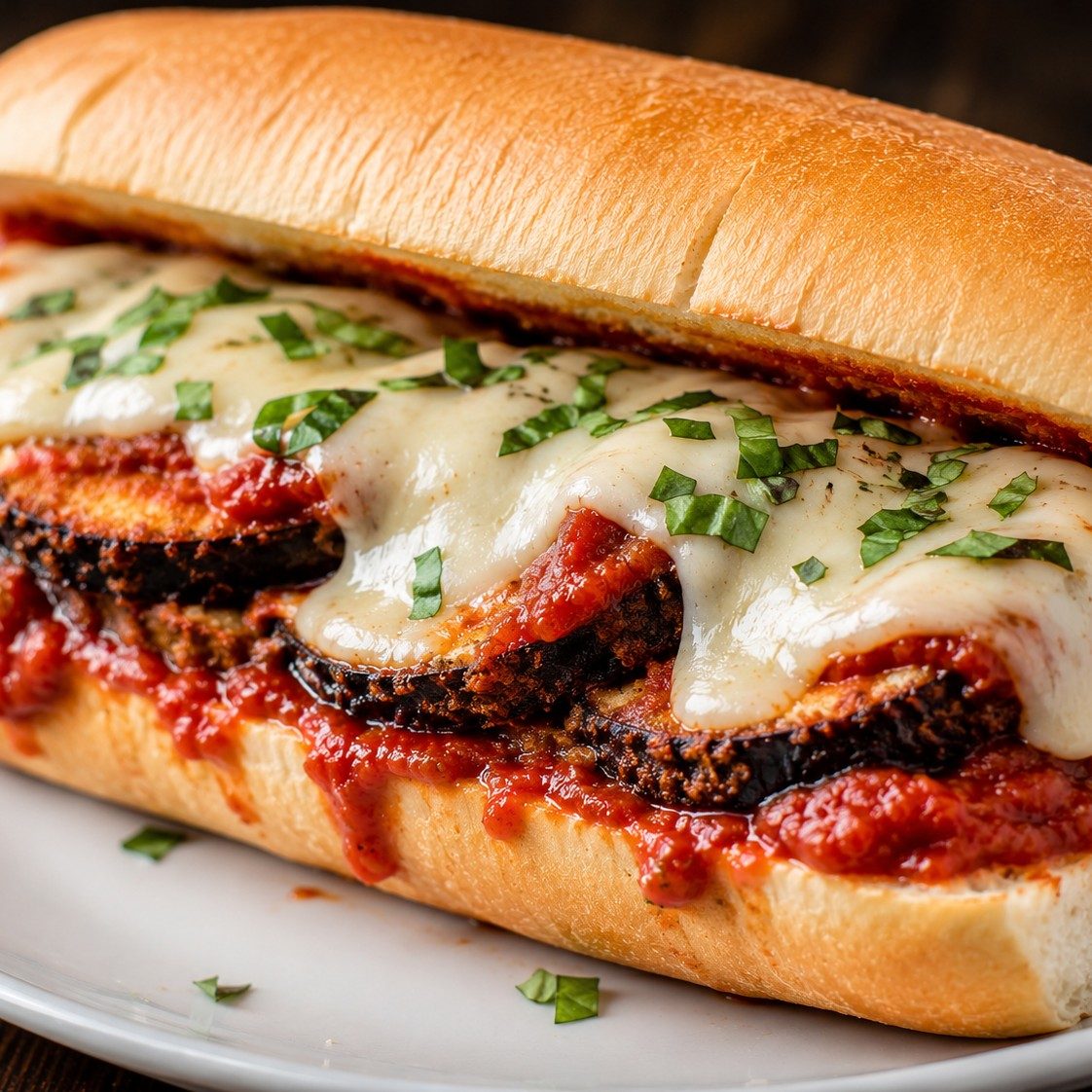 Vegan Eggplant Parm Hero Sandwich.