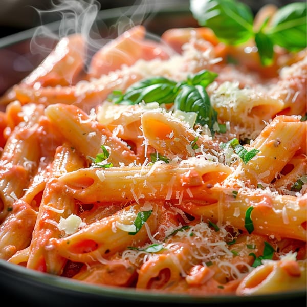 Steaming penne pasta with creamy tomato sauce, grated cheese, and fresh basil in a dark bowl.