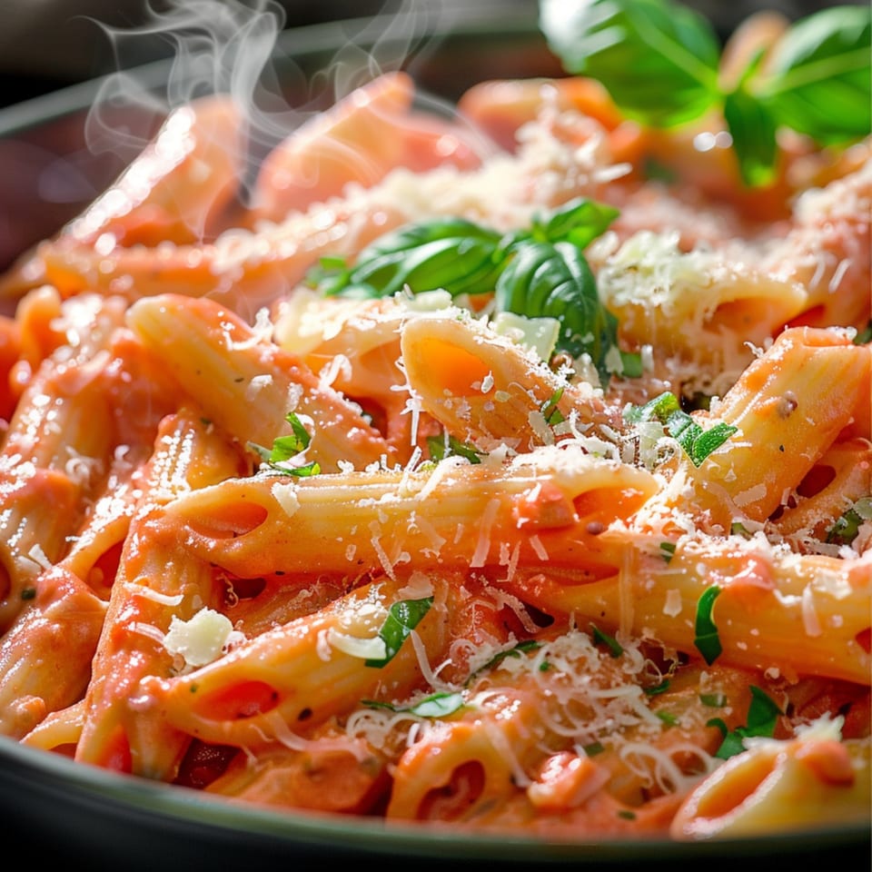 Steaming penne pasta with creamy tomato sauce, grated cheese, and fresh basil in a dark bowl.
