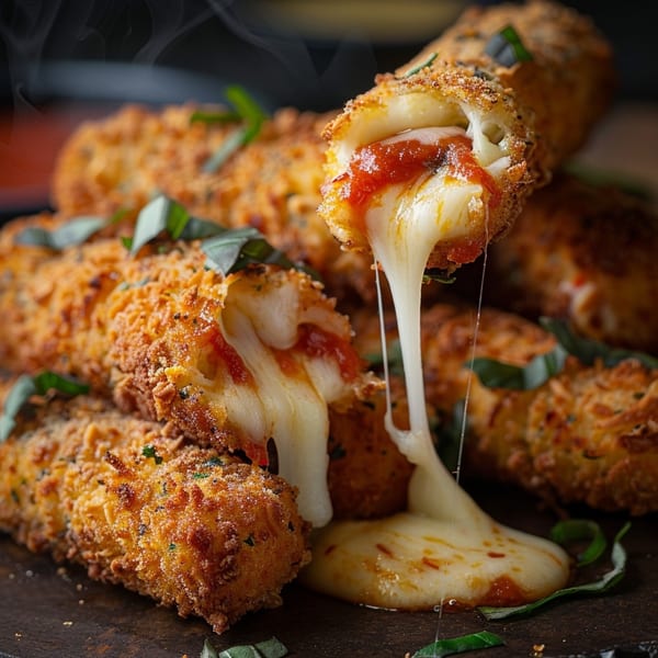 Golden-brown mozzarella sticks with melted cheese and marinara sauce oozing out, garnished with basil.