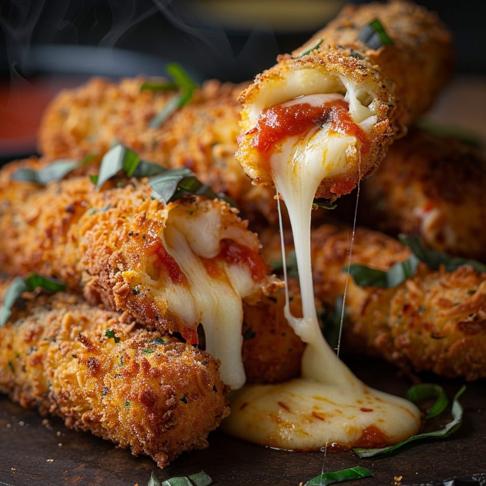Golden-brown mozzarella sticks with melted cheese and marinara sauce oozing out, garnished with basil.